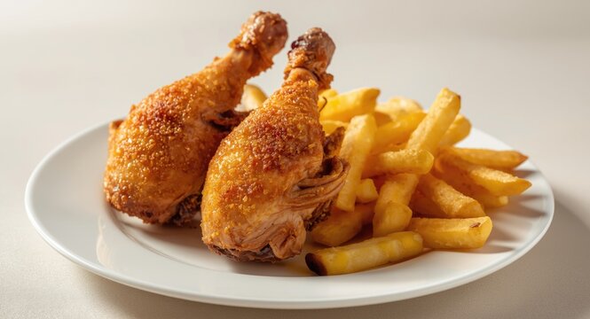 Broasted chicken with crunchy golden skin served with fries