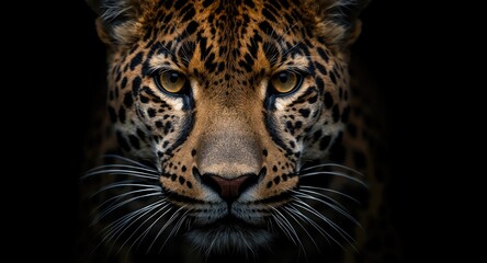 Obraz premium Close up detailed portrait of leopard face on dark background