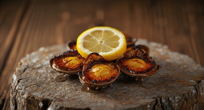 A customary seafood snack of grilled limpets and lemon