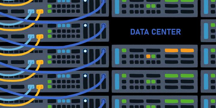 Data center server infrastructure with cooling system network cables and cloud storage technology vector illustration set isolated on black background