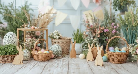 Fototapeta premium Children and family photo shoot background in studio decorated with Easter themed plants flowers wooden bunny baskets and colorful eggs