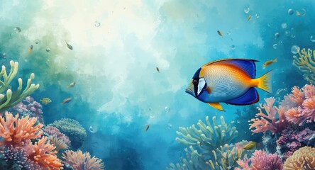 Fototapeta premium Artistic tropical fish and coral composition in watercolors for use in logo and poster designs