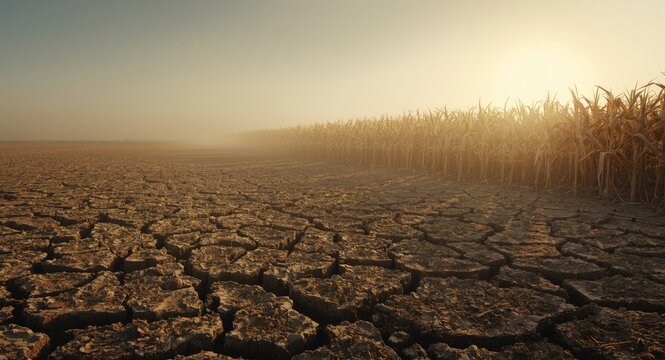drought afflicted soil in farm environment accompanied by dry corn vegetation