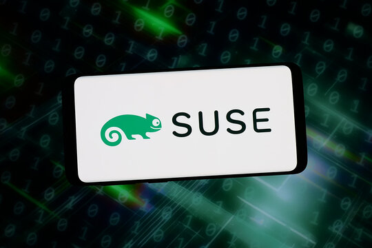 Stuttgart, Germany - 02-06-2026: In this photo illustration, the logo of company SUSE Software Solutions Germany GmbH is displayed on a smartphone in front of abstract background on computer screen.