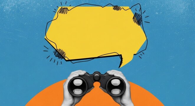 Future Vision Hands Hold Binoculars with Yellow Speech Bubble on Blue.