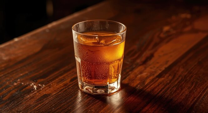Clear glass cup brimming with spiced rum punch resting on a handcrafted wood surface in a classic tavern