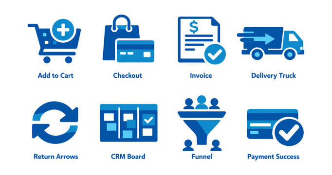 E-commerce process flat blue icons set
