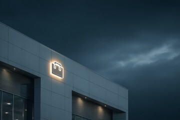 Obraz premium Exterior of a modern commercial office building at night with a briefcase icon