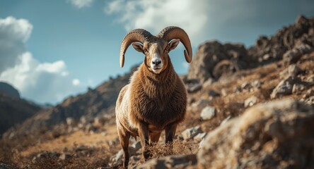 Obraz premium Dominant ram with large curved horns standing tall amid rough rocky landscape with commanding presence