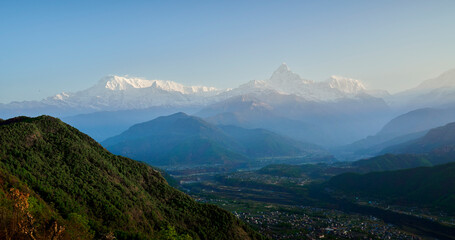 Fototapeta premium Panorama of Himalayas with Annapurna and Fishtail mountain in Pokhara, Nepal