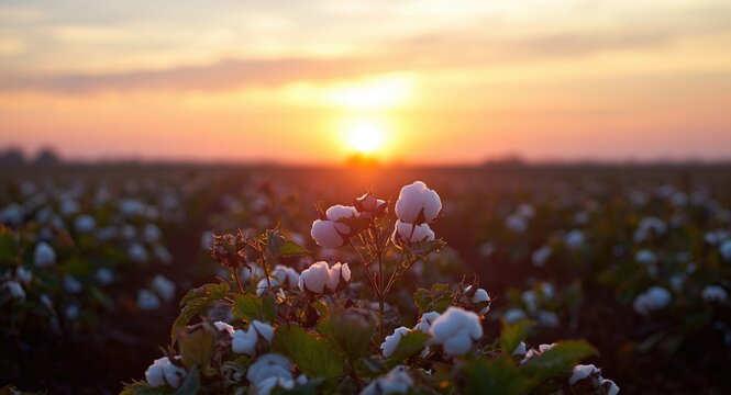 late day sun setting behind a cotton field with developed plants