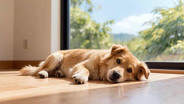 Cute golden dog lying on wooden floor near window with natural light, calm cozy home interior lifestyle scene