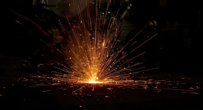 Bright molten metal and thermit welding sparks bursting in a dimly lit industrial workshop