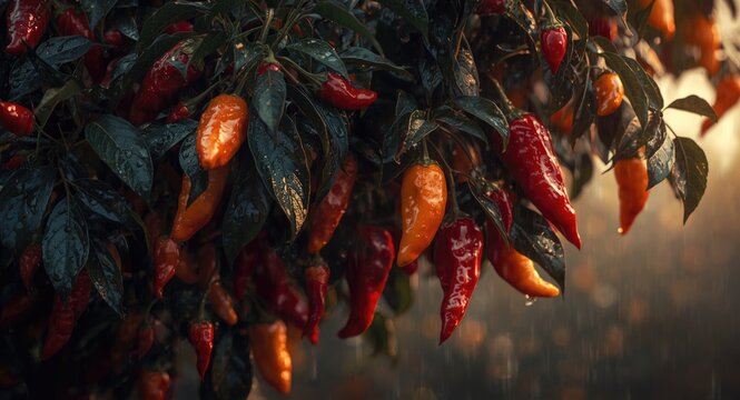 Chili tree full of vibrant peppers and glistening rain soaked leaves creating a stunning natural image