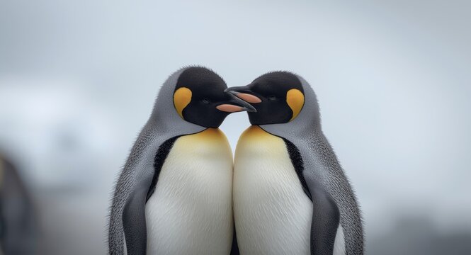 Inseparable young emperor penguins sharing a heartfelt connection with copyspace