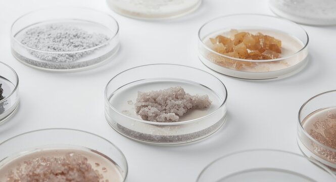 Laboratory setup showing cobalt chloride solution in multiple Petri dishes on plain white background