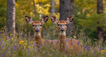 A couple of alert deer observing nature in a forest clearing
