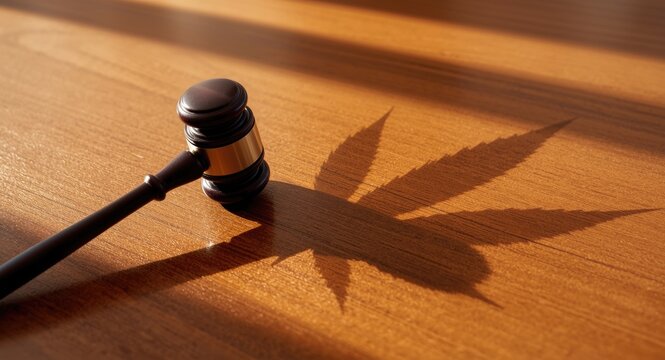 Court gavel and cannabis shadow illustration on a wooden surface depicting marijuana possession pardons