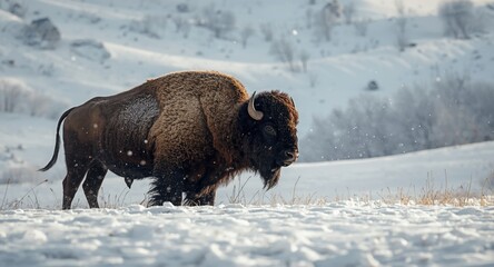 Dominant bison bull standing proud in snowy winter nature