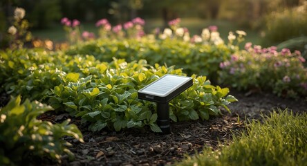 Naklejka premium Garden bed protected by solar powered ultrasonic pest control device for moles
