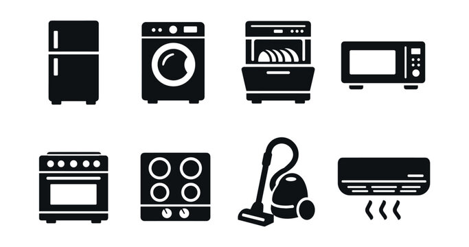Household appliances black icon set