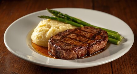 Flavorsome grilled rib eye steak meal with mashed potatoes and fresh asparagus on plate