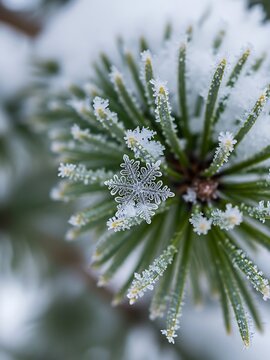 Snowflakes on Pine Tree Branch Winter Nature Closeup