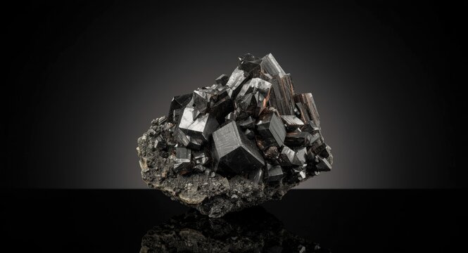 Iron manganese tungsten monoclinic ore crystal cluster positioned on a deep shadowed background