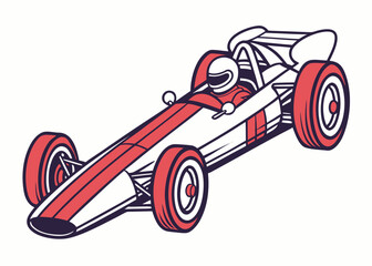 Naklejka premium Vintage racing car illustration in red and white with driver on a classic formula one vehicle design