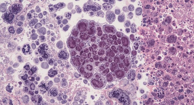Histological image of liver hepatocytes stained H and E featuring enlarged nuclei with polyploidy in multiples of chromosomal sets