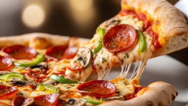 Delicious Hot Pizza Slice with Stretching Melted Cheese.