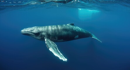 Fototapeta premium Humpback whale swimming elegantly in bright blue aquatic habitat