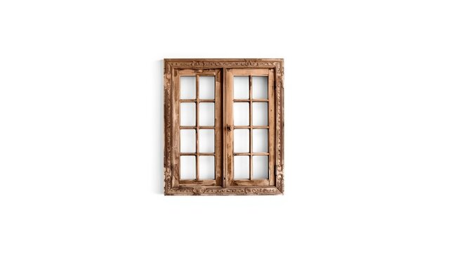 antique brown wooden window displayed on a bright white backdrop with high key lighting