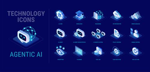 Naklejka na ściany i meble Technology Agentic AI icons set for workflow diagram - AI agent system, AI orchestrator, Human control, Governance and Policy, Tools, Reasoning, Knowledge, integration - high quality isometric vector