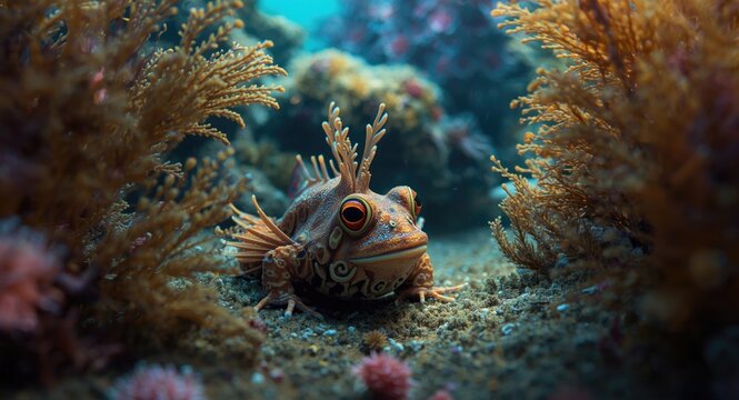 Animated frogfish resting amidst ocean floor vegetation