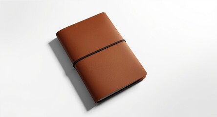 Aerial view of a leather notebook mockup featuring elastic band with a white backdrop and clipping path
