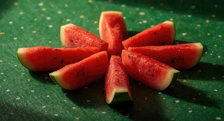 Fresh watermelon segments organized on a textured green surface adorned with bright polka dots showcasing fruit patterns