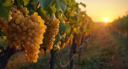 Naklejka premium Golden bunches of sweet Passito Moscato grapes hanging on vineyard trellises