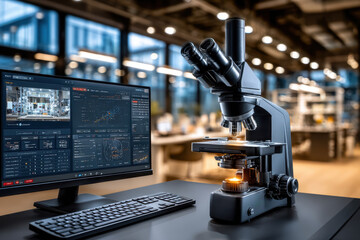 Fototapeta premium Laboratory microscope with digital display and laptop showing scientific data in a modern research facility