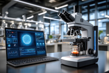 Fototapeta premium Laboratory microscope with digital display and laptop showing scientific data in a modern research facility