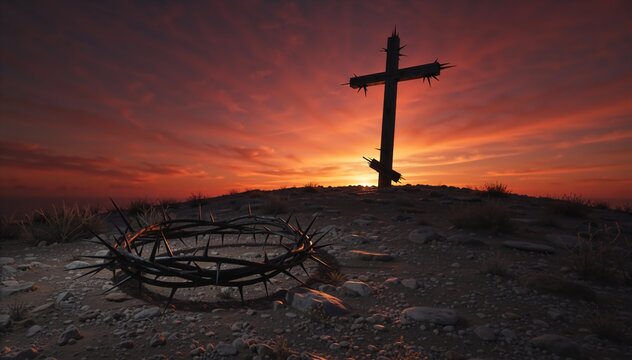Crown of thorns on rocky ground with cross silhouette at sunset. Dramatic Good Friday and Easter religious background. Passion of Christ concept