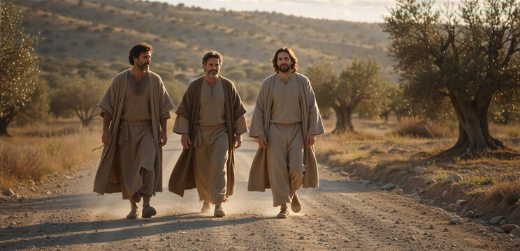 Three men in biblical robes walking on a dirt road. Jesus and disciples on the journey to Emmaus. Christian religious concept