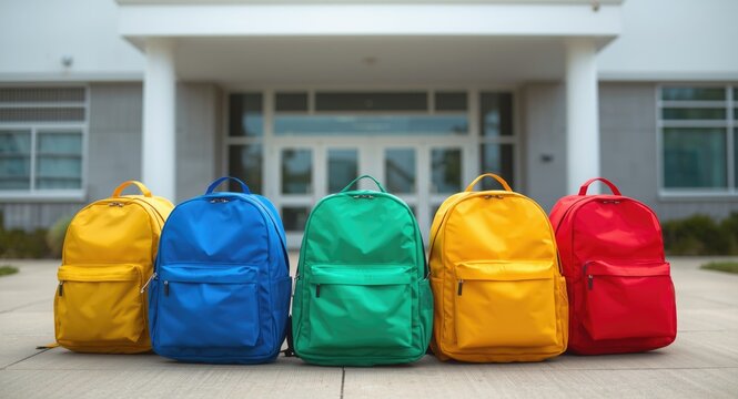 Group of students&acirc;&euro;&trade; backpacks in vivid hues placed outside school symbolizing education comeback