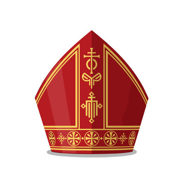 Ornate bishops hat with gold detailing isolated on a white background, showcasing intricate religious symbols and rich red color