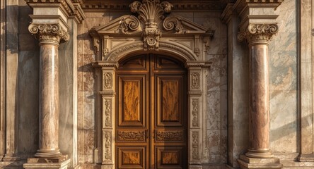 Obraz premium Antique architecture with prominent wooden door and marble column accents