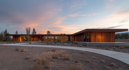 Obraz premium Expansive modern wood and concrete dwelling seen at dusk in early evening