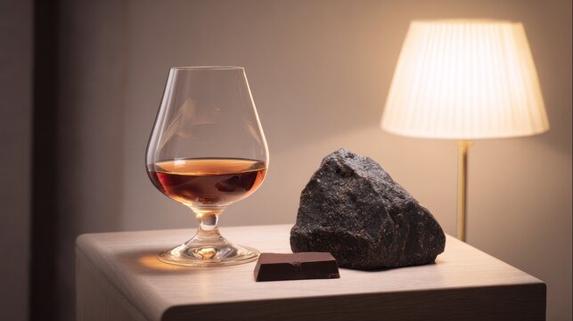 Crystal snifter with amber cognac and dark chocolate on a wooden table, soft lamp light. bar promotions, beverage menus, designed for food & beverage menus and cafe branding.