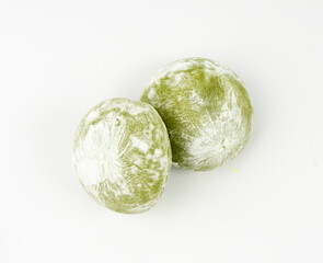Matcha mochi rice cake, green tea daifuku, Japanese traditional dessert, round wagashi