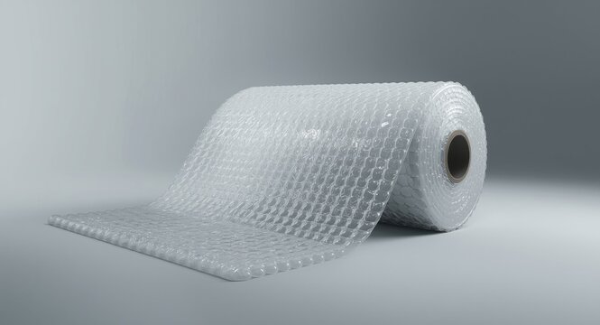 Detailed close perspective of a large roll of bubble wrap with visible bubble texture on a minimal neutral background ideal for shipping protection