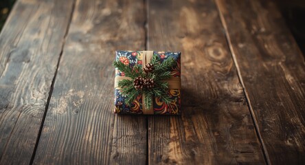 Naklejka premium Holiday wrapped present decorated with pinecones and evergreen branches on rustic wooden table for festive mood